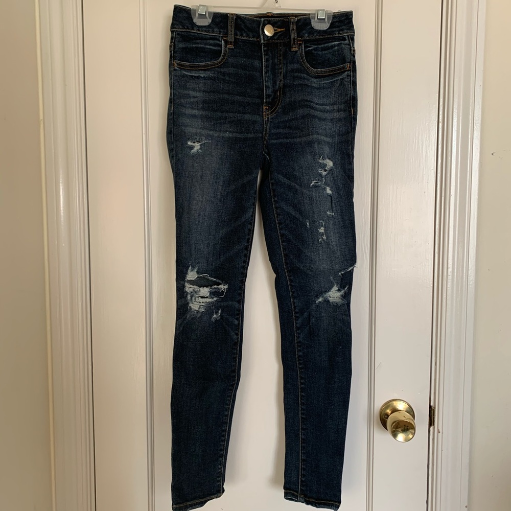 american eagle dark wash destroyed ripped jeans